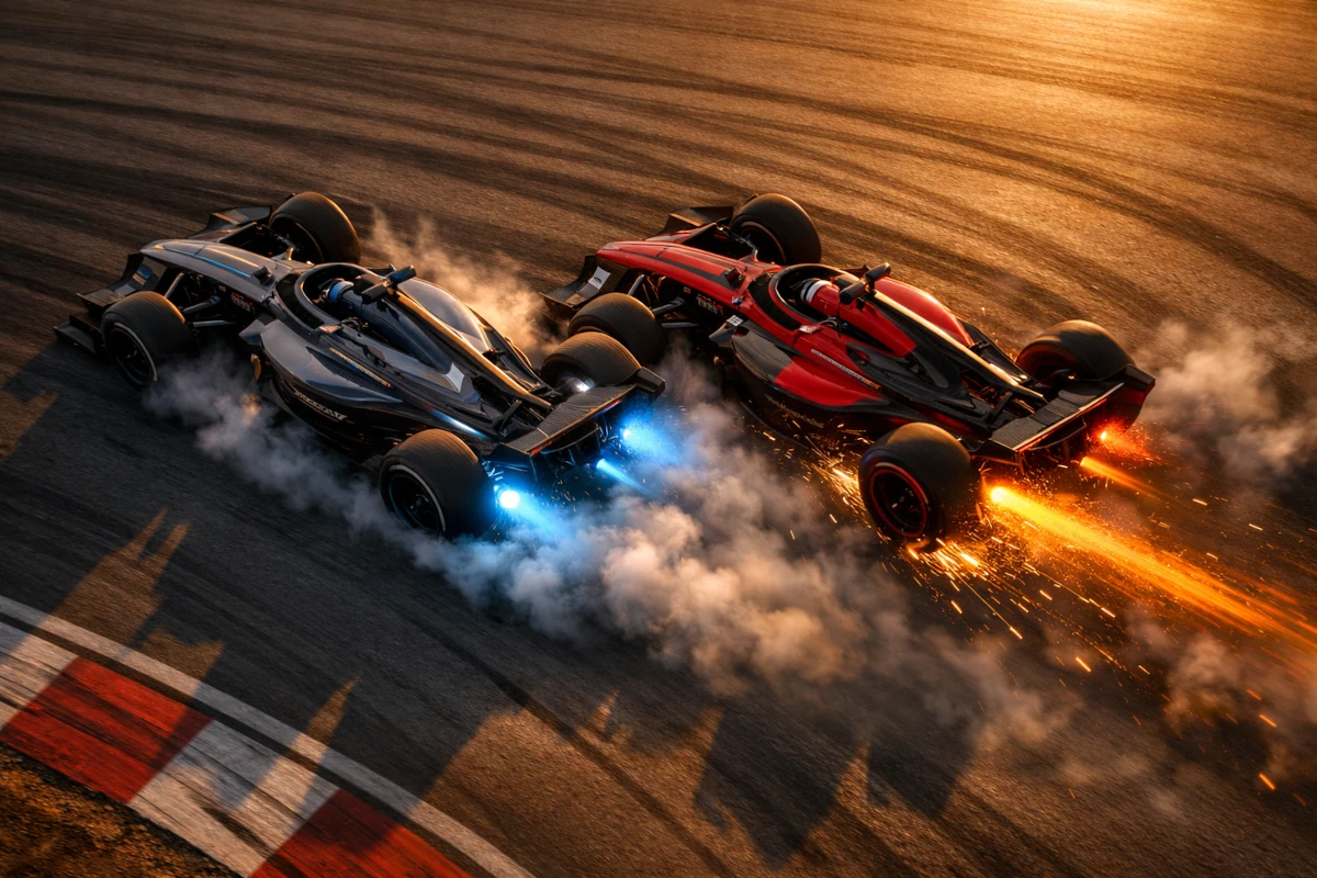 Symboliczne przedstawienie hybrydowego napędu Formuły 1 – silnik spalinowy i elektryczny