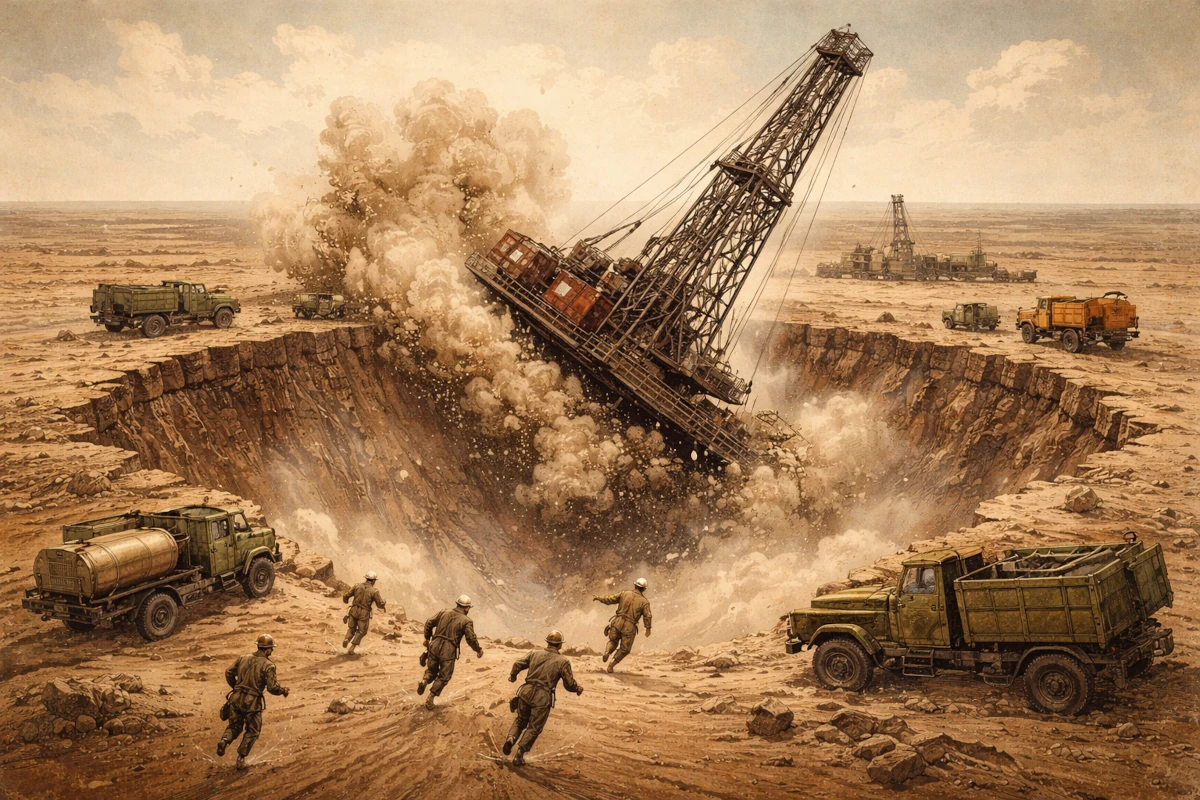 Zapadnięcie się gruntu pod wiertnią gazową na pustyni Karakum