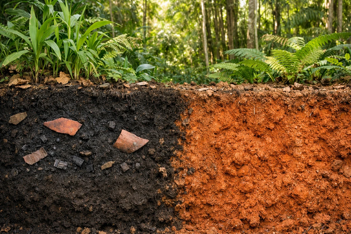 Ciemna, żyzna gleba Terra Preta kontrastująca z czerwonawą glebą amazońską
