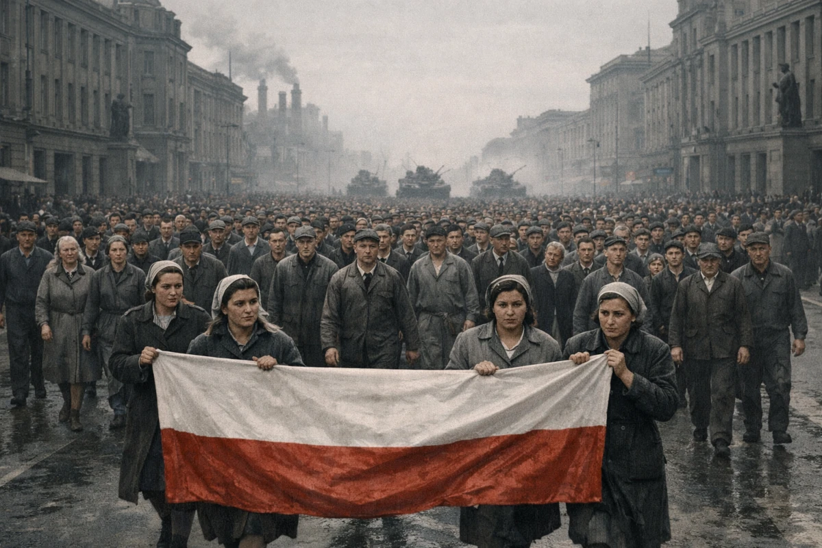 Demonstracja robotników z polską flagą w realiach Polski Ludowej lat 60.
