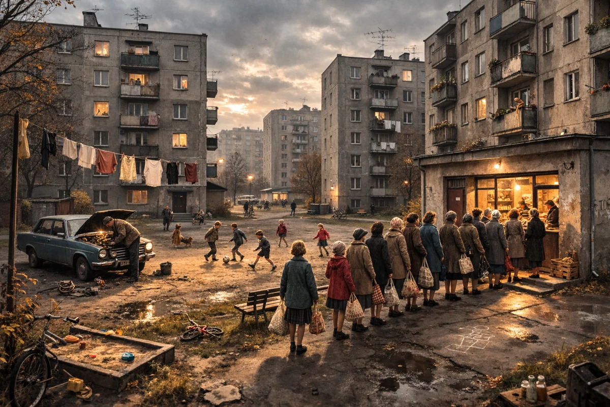 Osiedle i kolejka do sklepu w realiach codziennego życia w PRL