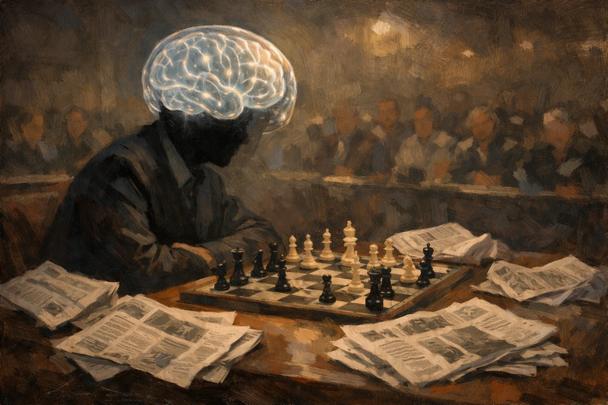 Stylizowana ilustracja przedstawiająca mózg szachisty jako sieć połączeń przypominających układ figur na szachownicy
