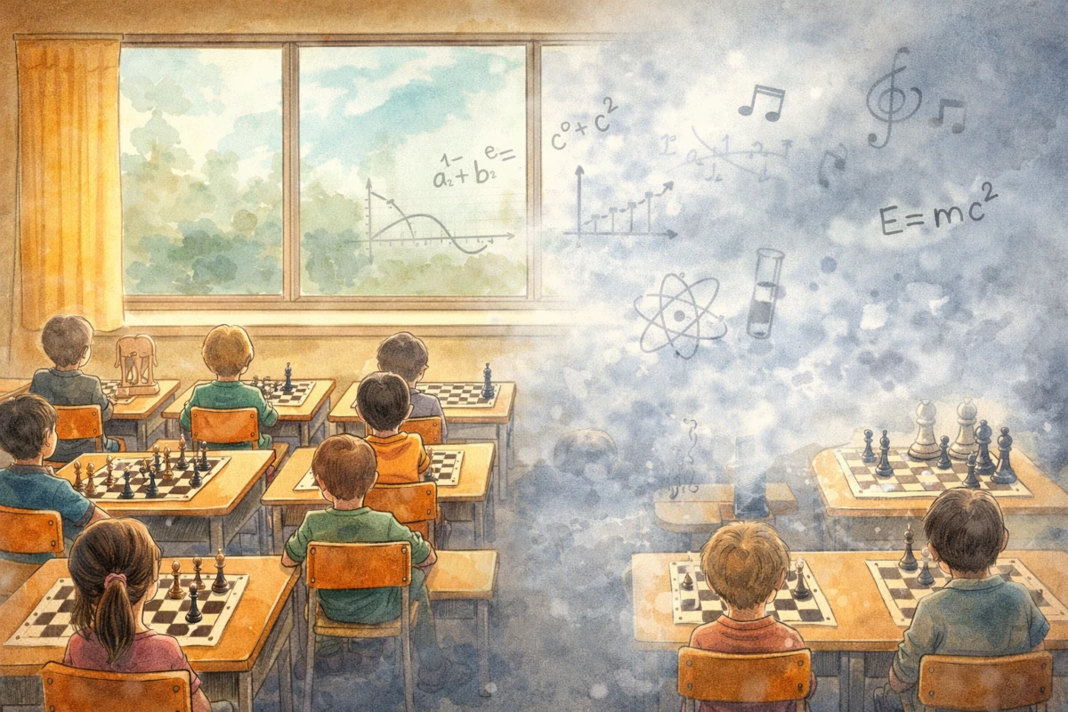 Dzieci grające w szachy w szkolnej klasie podczas zajęć edukacyjnych