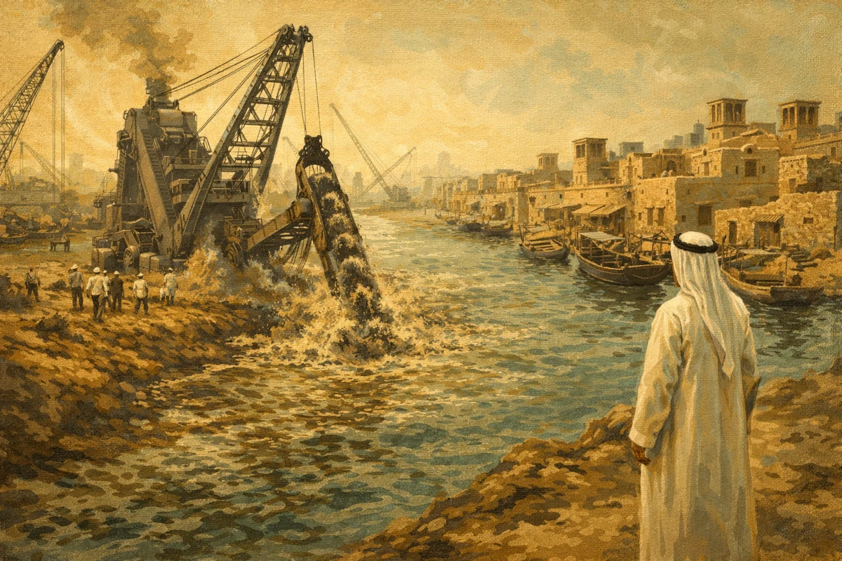 Szejk Raszid nad Dubai Creek podczas prac pogłębiania kanału