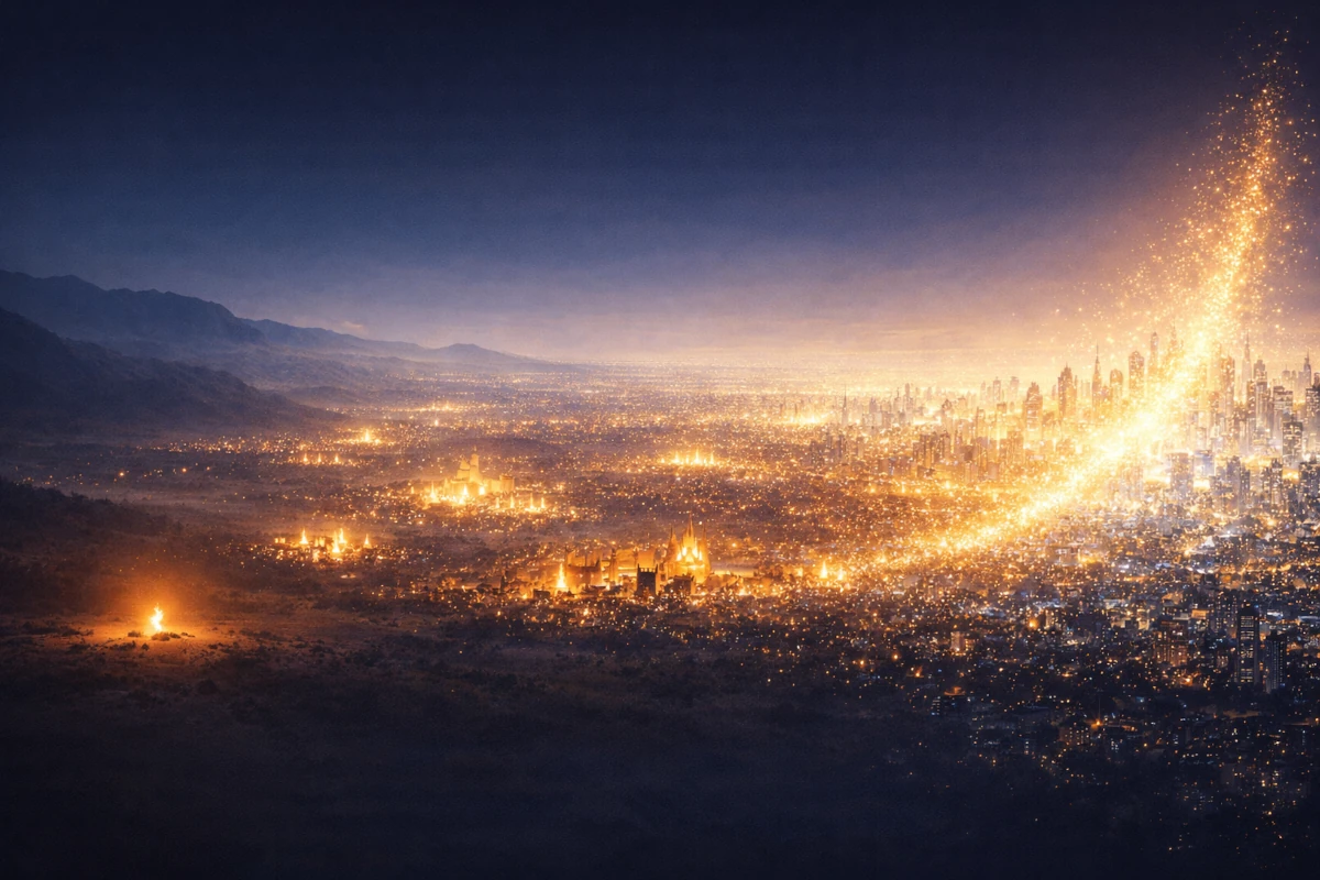 Rozświetlona panorama miasta symbolizująca wzrost populacji ludzkiej i rozwój cywilizacji
