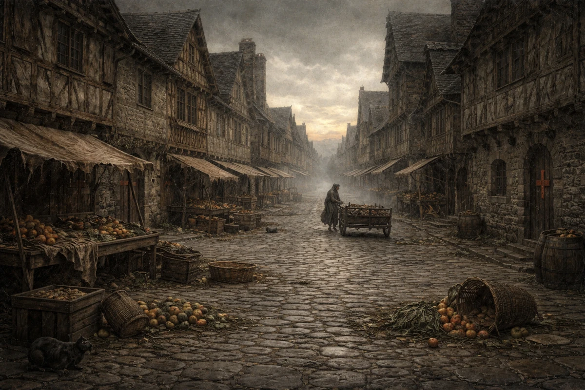Czarna śmierć – opustoszała średniowieczna ulica podczas epidemii dżumy