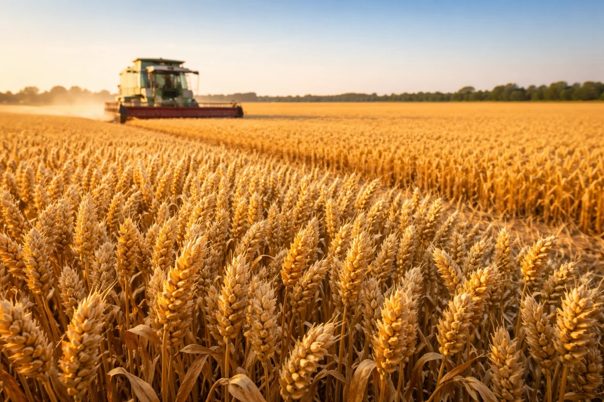 Zielona rewolucja i rolnictwo XX wieku – nowoczesny kombajn na polu pszenicy