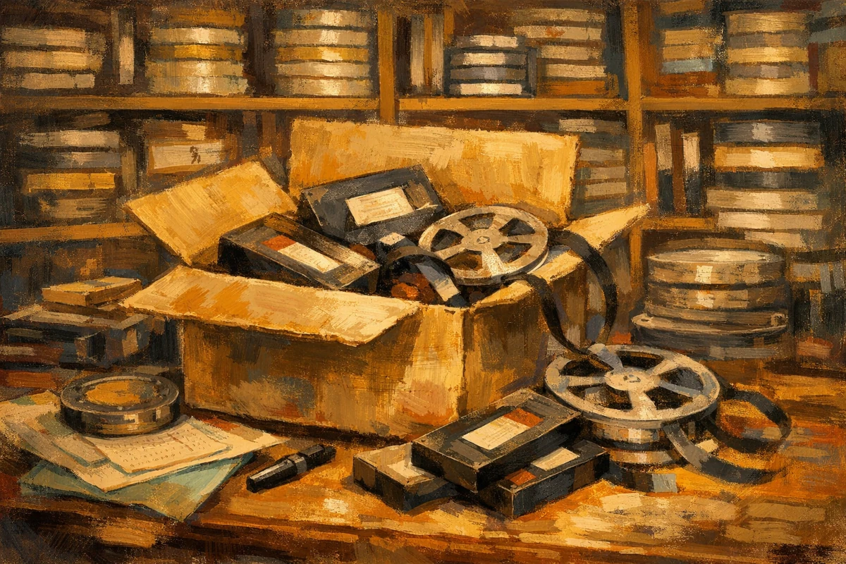 Pudło z taśmami filmowymi i archiwalne rolki magnetyczne w studiu telewizyjnym