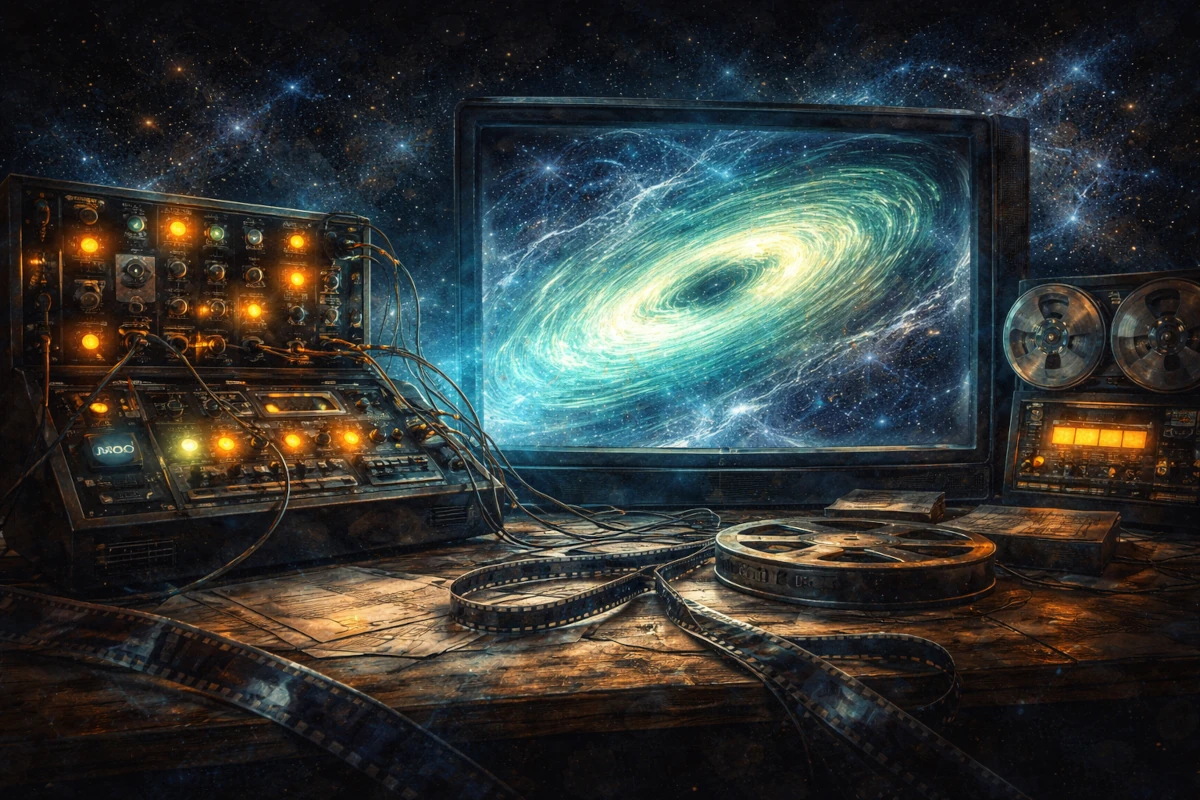 Stanowisko studyjne inspirowane programem SONDA z magnetofonami, taśmami i ekranem pokazującym wizualizację kosmosu