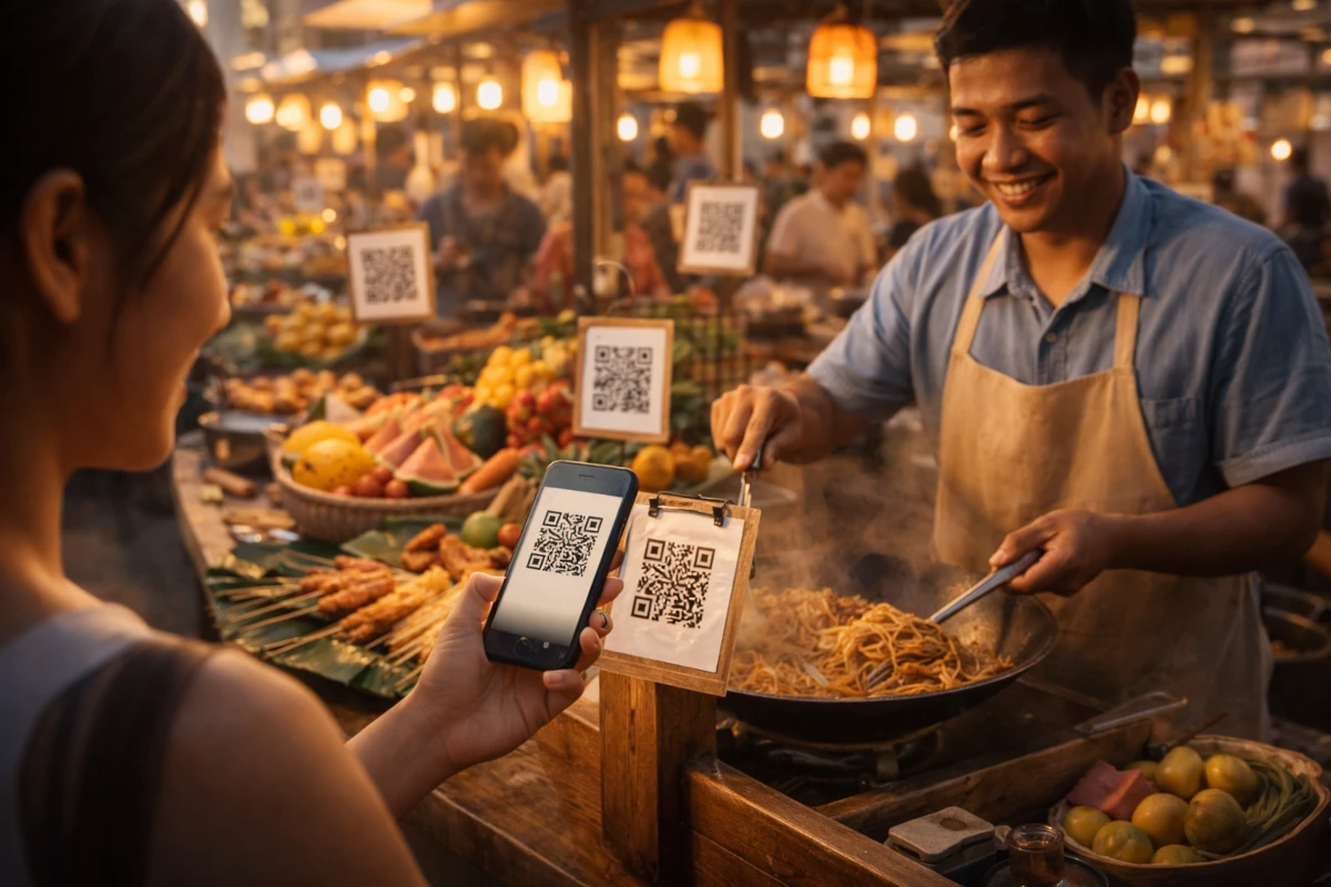 Płatność mobilna kodem QR na ulicznym targu w Azji – sprzedawca jedzenia i klient używający smartfona

