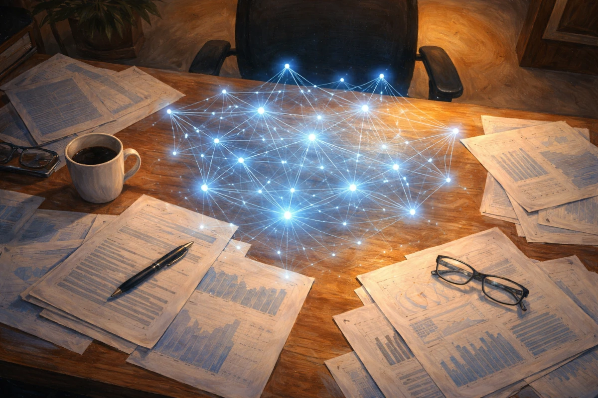 Biurko analityczne z dokumentami i wizualizacją sieci danych symbolizującą praktyczne zastosowanie sztucznej inteligencji

