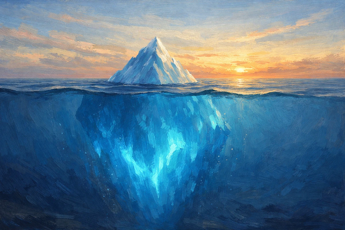 Góra lodowa z niewielkim wierzchołkiem nad powierzchnią i ogromną częścią ukrytą pod wodą jako metafora ukrytej skali zjawisk