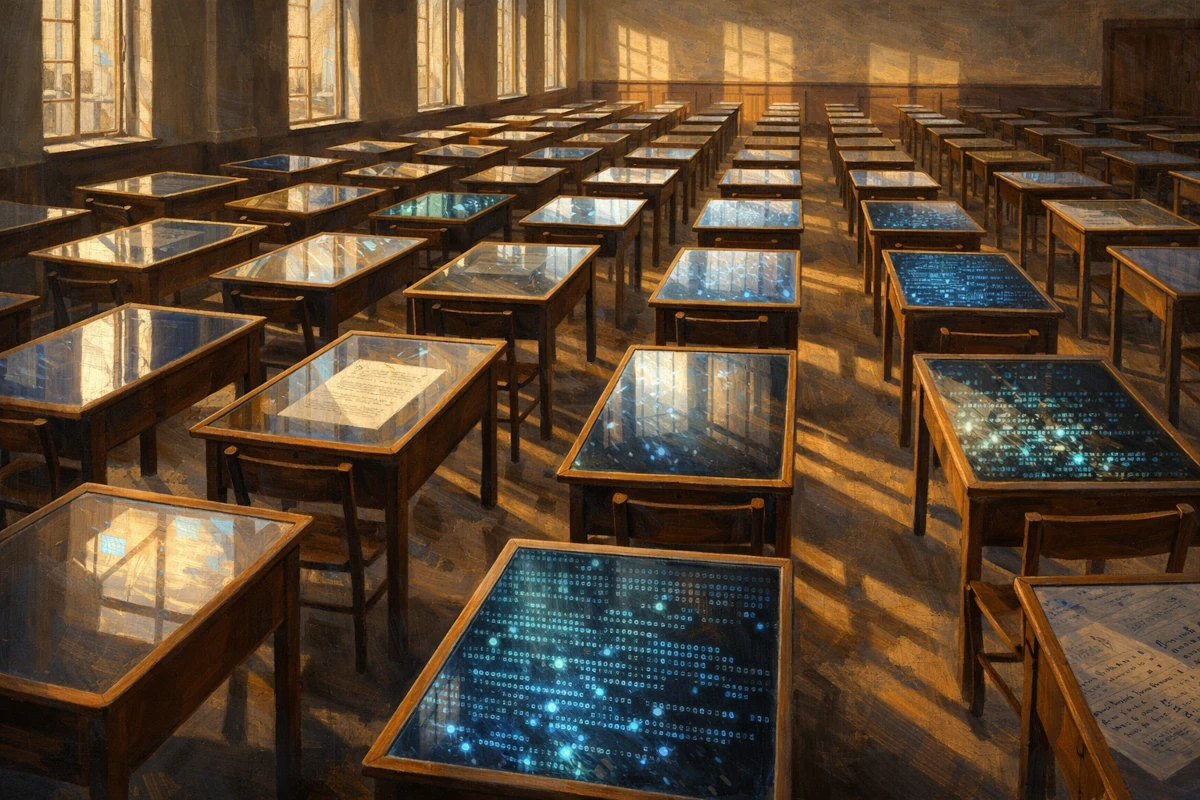 Sala egzaminacyjna z rzędami szkolnych ławek, których blaty przypominają ekrany z kodem i danymi, symbolizując pęknięcie dotychczasowego systemu