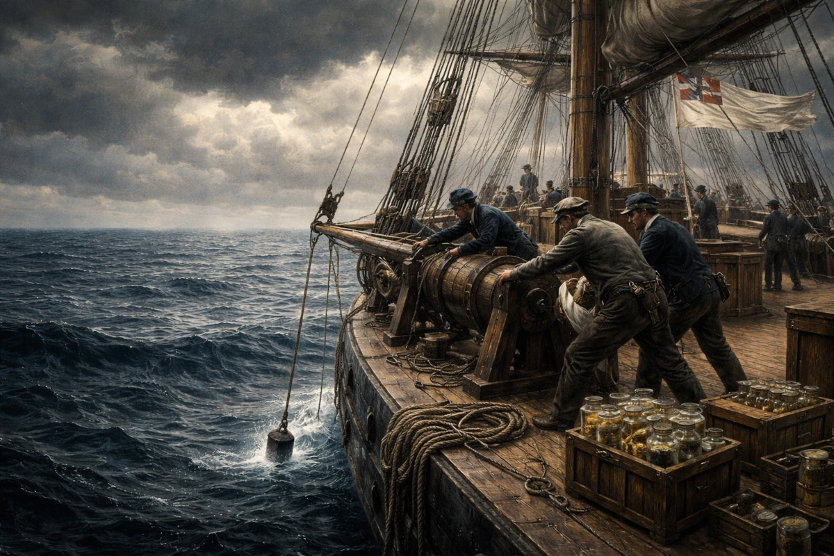 Ekspedycja HMS Challenger na oceanie podczas badań dna morskiego w XIX wieku
