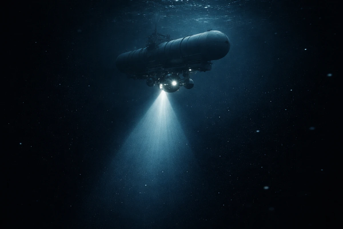 Podwodna jednostka badawcza oświetlająca głębiny oceanu podczas eksploracji