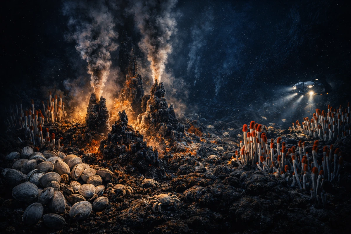 Kominy hydrotermalne na dnie oceanu otoczone organizmami żyjącymi bez dostępu do światła słonecznego