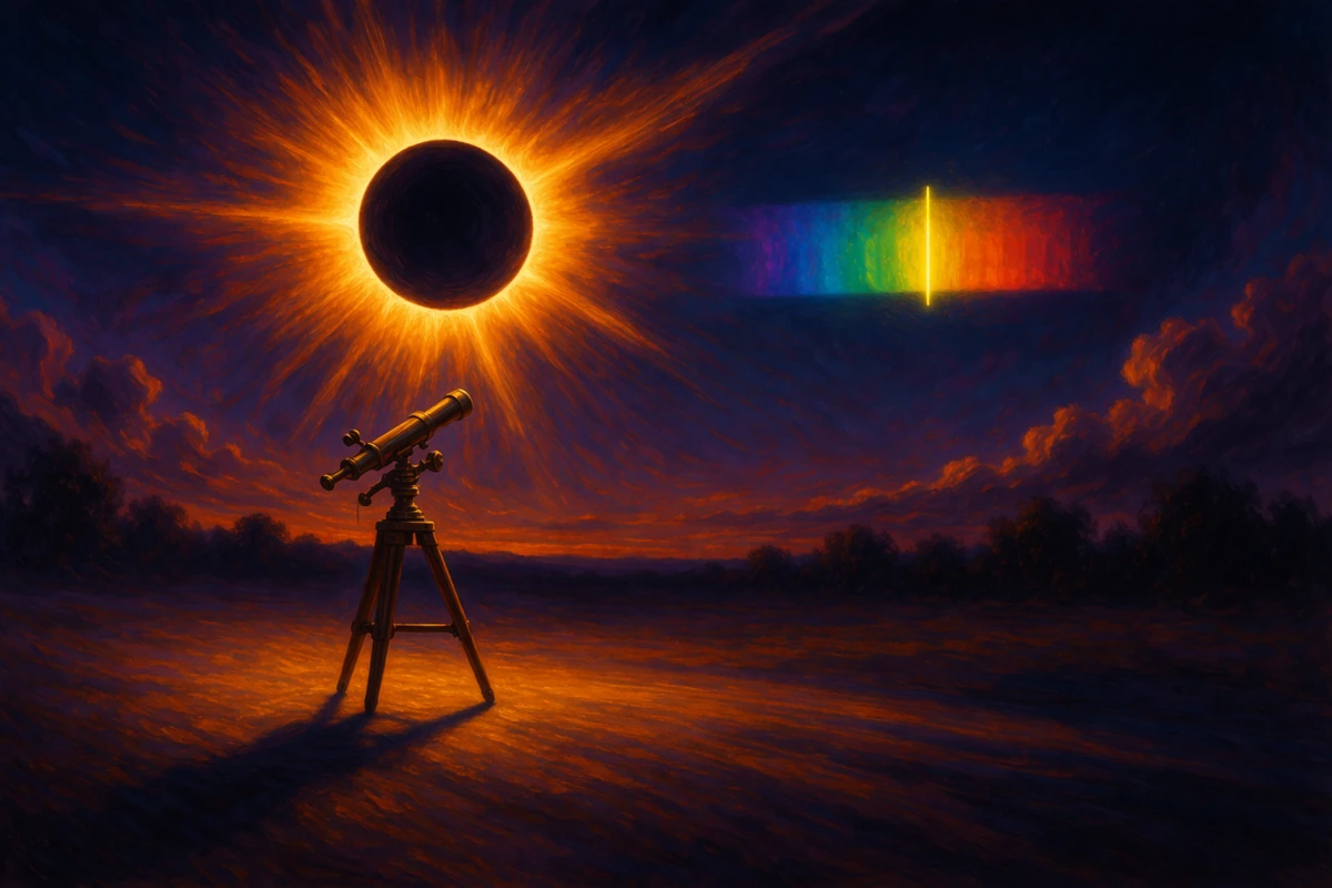 Zaćmienie Słońca obserwowane przez spektroskop oraz widmo światła z charakterystyczną żółtą linią helu
