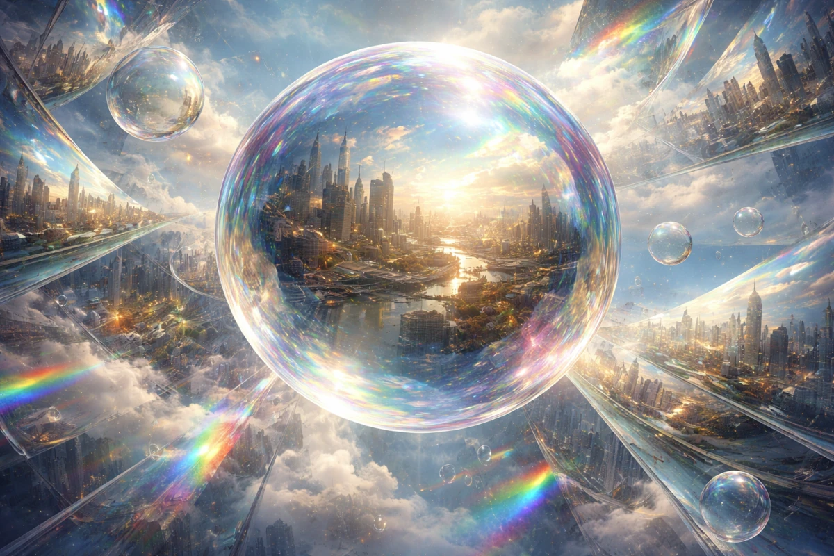 Futurystyczne miasto zamknięte w przezroczystej bańce oraz odbicia rzeczywistości w wielu równoległych sferach symbolizujących bańki informacyjne
