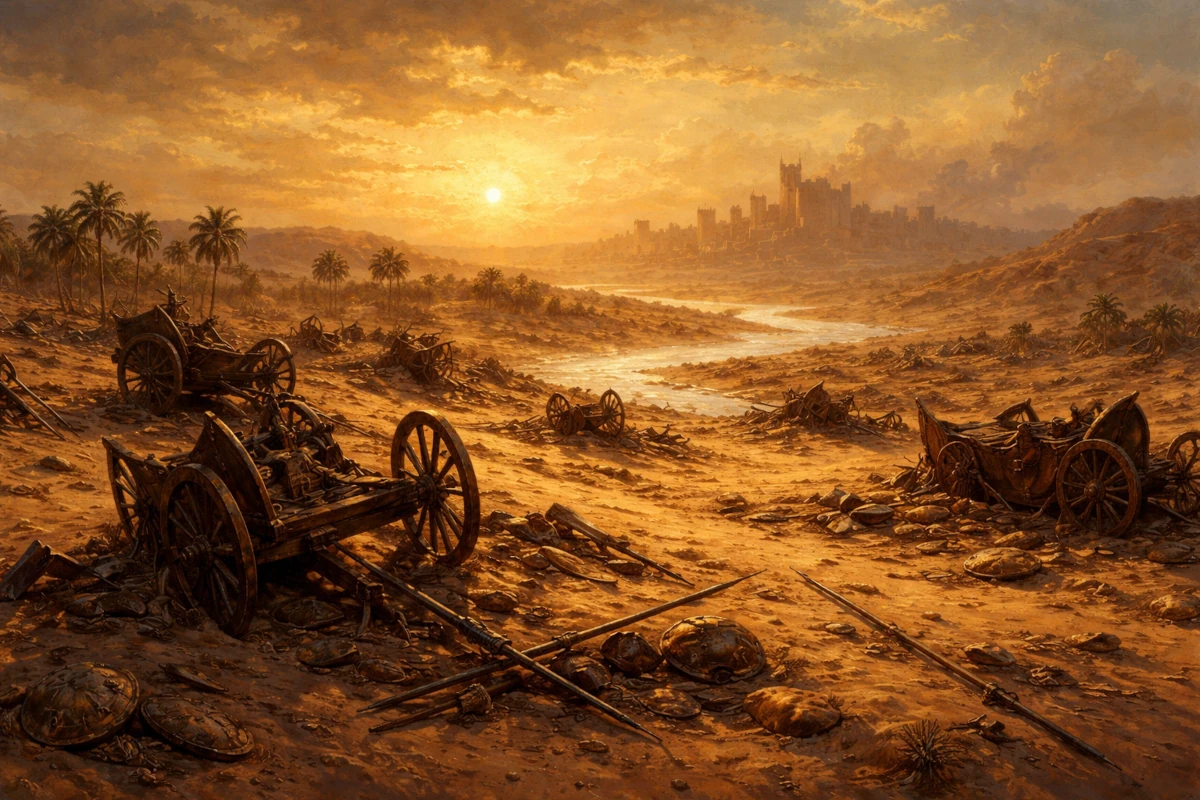 Pole bitwy pod Kadesz o zachodzie słońca z porzuconymi rydwanami i uzbrojeniem na pustynnym terenie