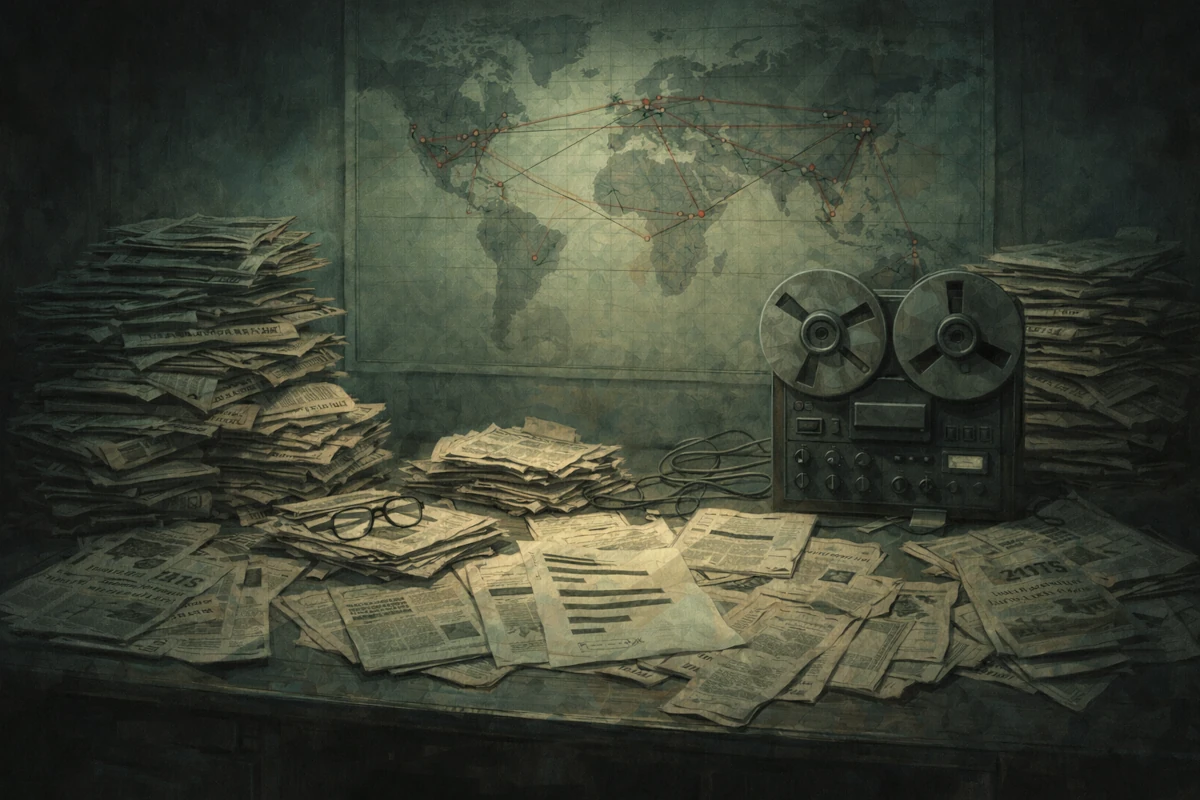 Stare biuro z mapą świata, magnetofonem szpulowym i stosami gazet symbolizujące operacje dezinformacyjne