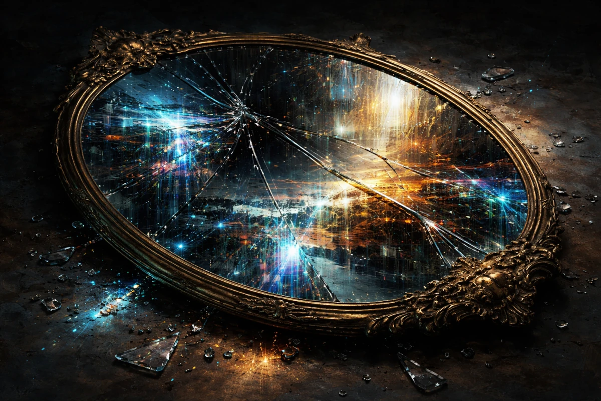 Pęknięte lustro odbijające zniekształcony cyfrowy krajobraz symbolizujący manipulację obrazem i deepfake