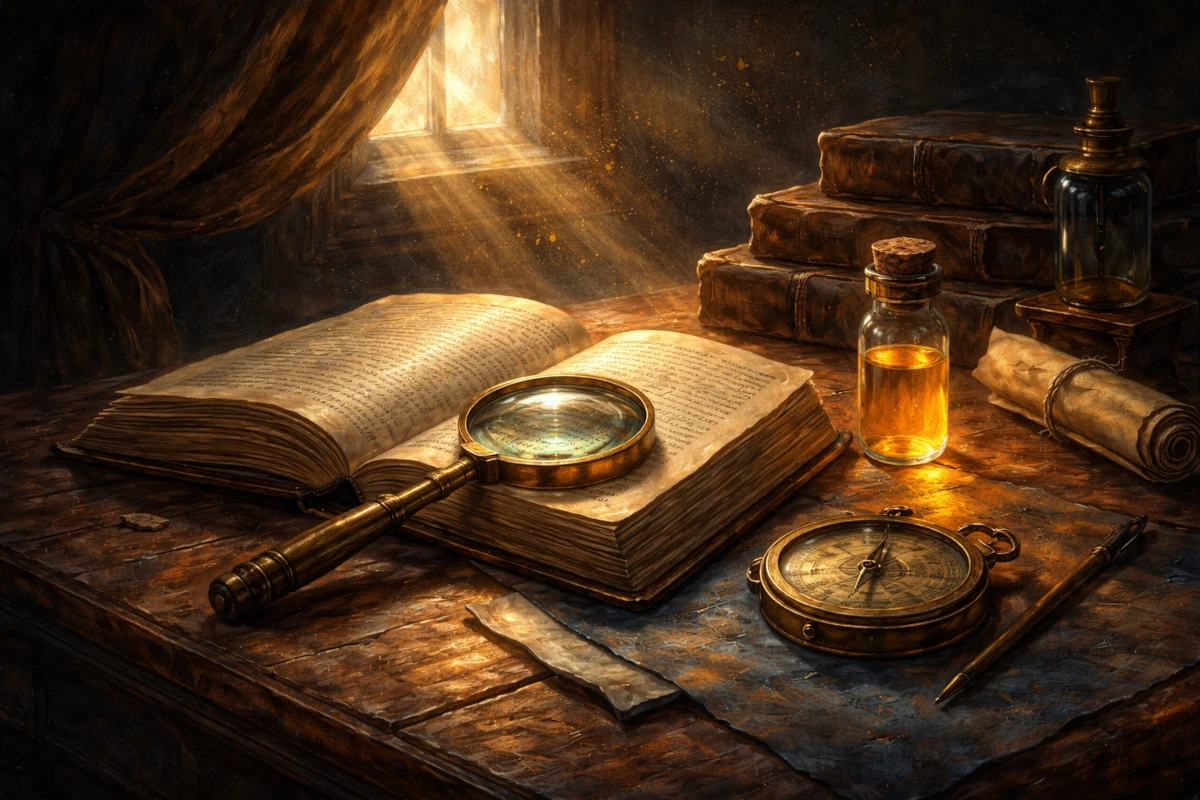 Stary stół z książkami, lupą i kompasem oświetlony promieniem światła jako symbol narzędzi poznania i analizy