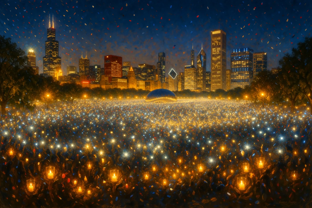 Tłum zgromadzony w Chicago podczas nocy wyborczej 2008, światła telefonów i świec, panorama miasta w tle