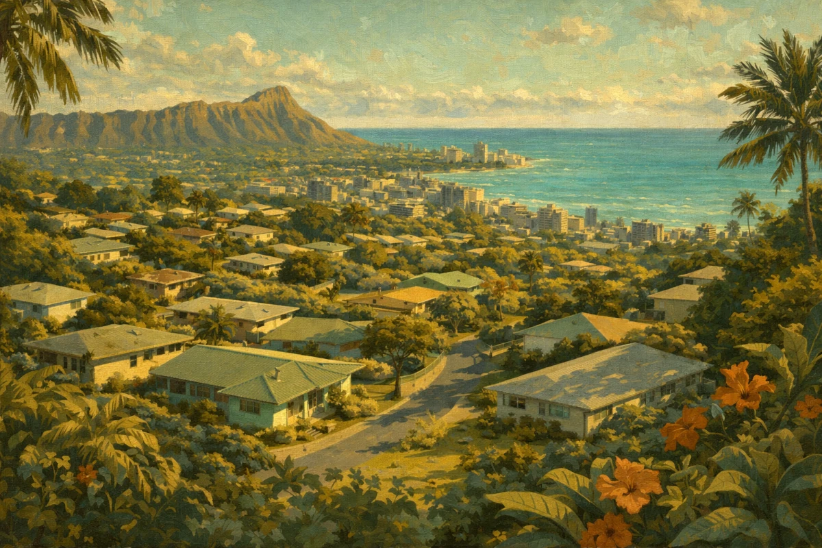 Tropikalny krajobraz Honolulu z widokiem na Diamond Head, zabudowa i ocean w tle