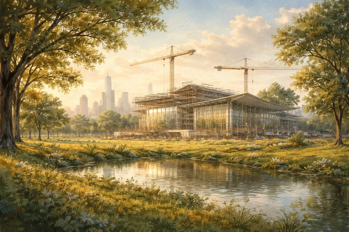 Nowoczesny kompleks muzealny w trakcie budowy, stalowa i szklana konstrukcja w parku miejskim