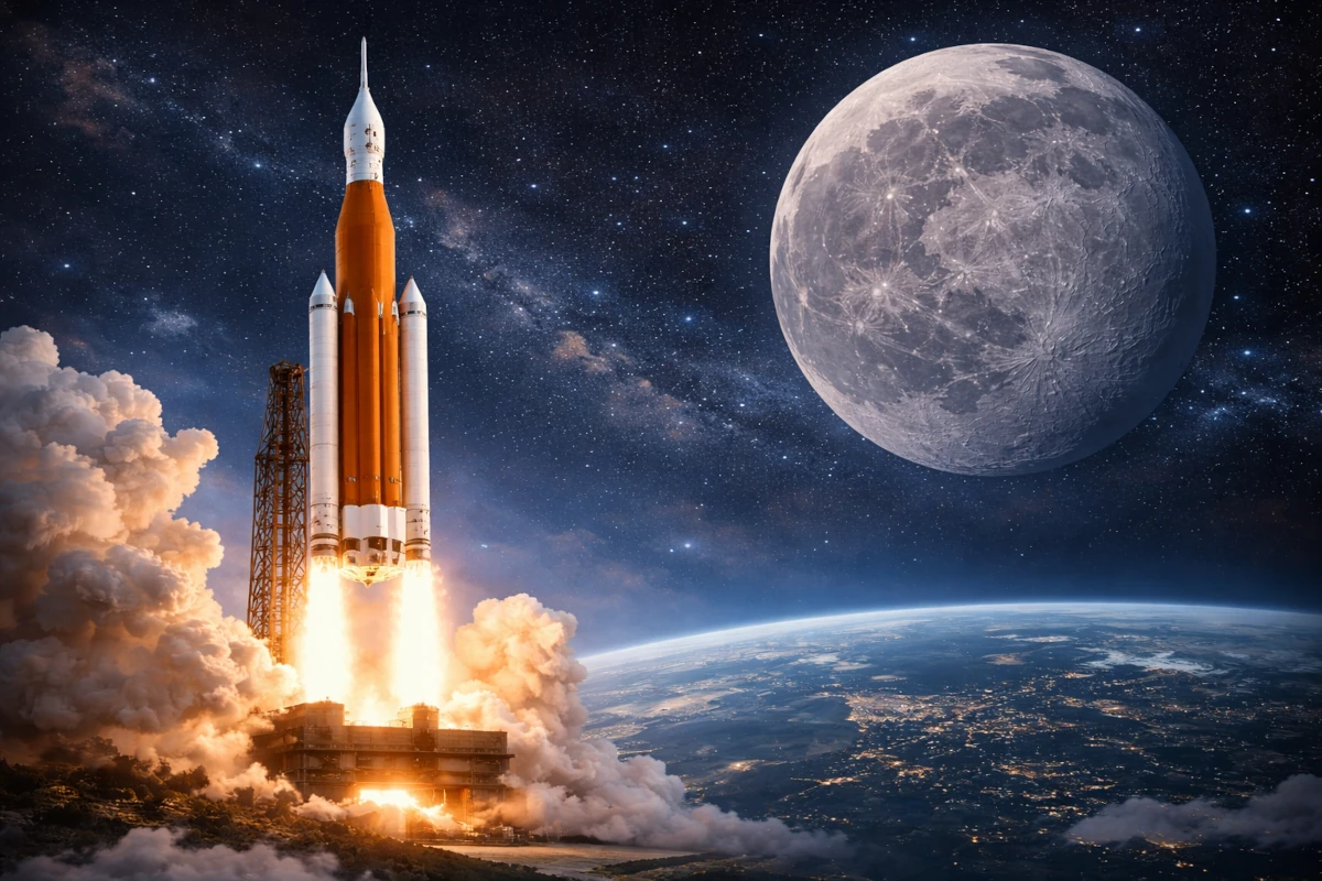 Rakieta Space Launch System startująca w kierunku Księżyca, z Ziemią widoczną na horyzoncie i dużym Księżycem na tle gwiazd
