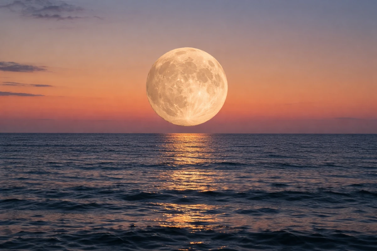 Wschód Księżyca nad Atlantykiem, jasny glob unoszący się nad horyzontem oceanu w świetle zmierzchu