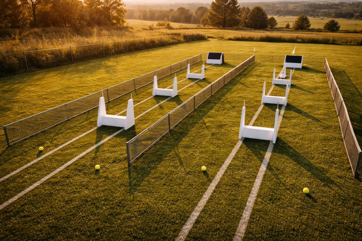 Tor flyballowy przygotowany na łące – przeszkody, tory i piłki przed treningiem
