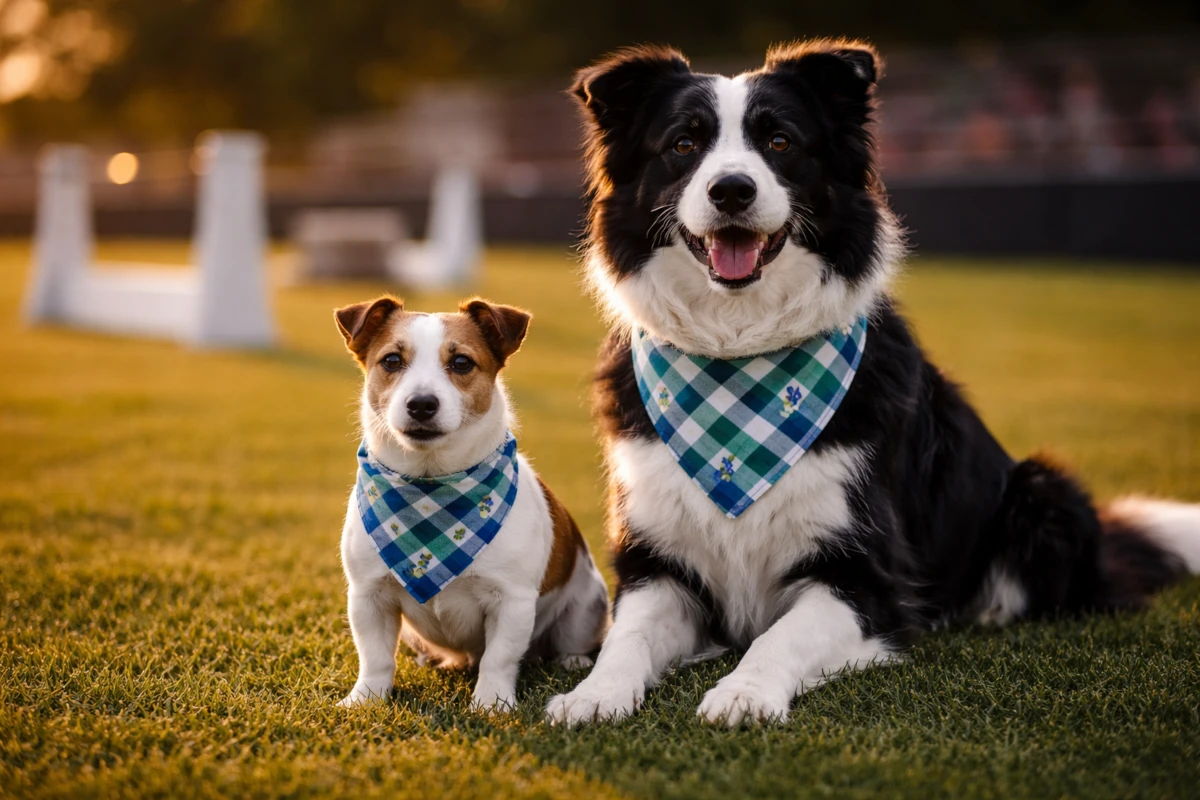 Dwa psy – border collie i jack russell terrier – siedzące na trawie przed torem flyball