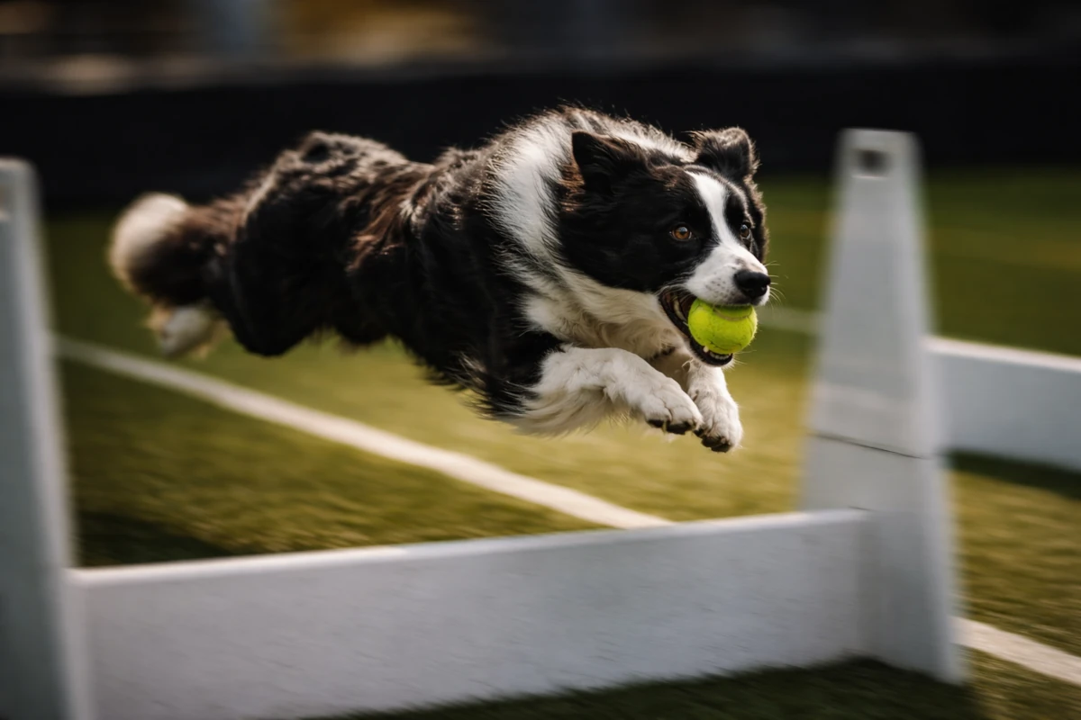 Border collie w locie nad przeszkodą z piłką w pysku podczas biegu flyball