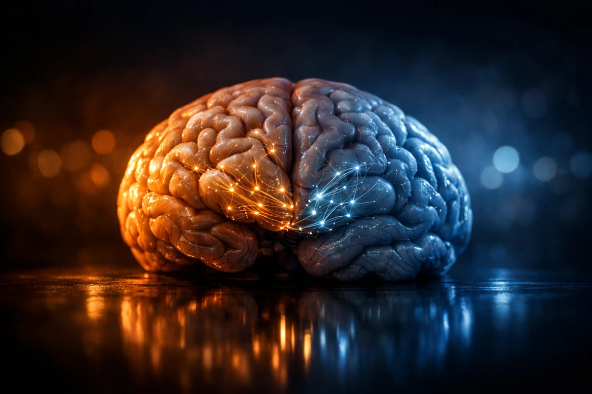 Ludzki mózg przedstawiony w artystycznej wizualizacji z podziałem na dwie półkule i świetlną siecią połączeń neuronalnych
