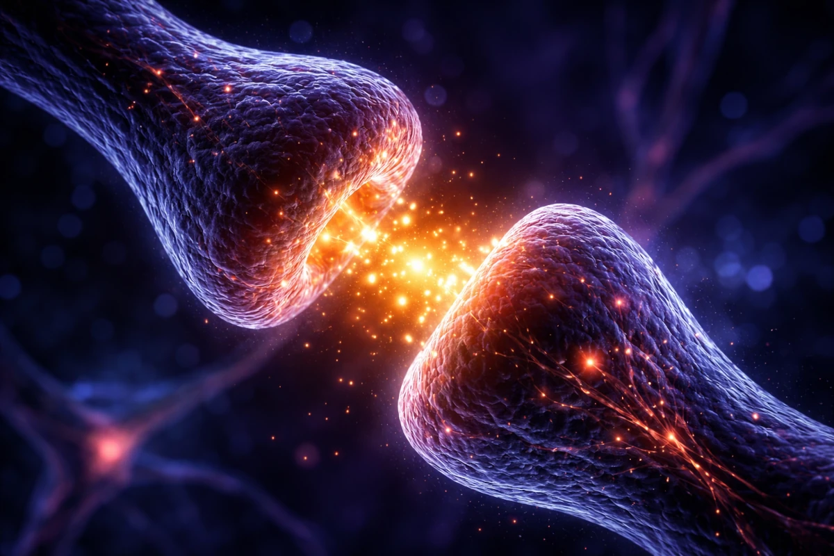 Synapsa neuronowa z wizualizacją przekazywania sygnału – symbol działania dopaminy i mechanizmu błędu predykcji nagrody