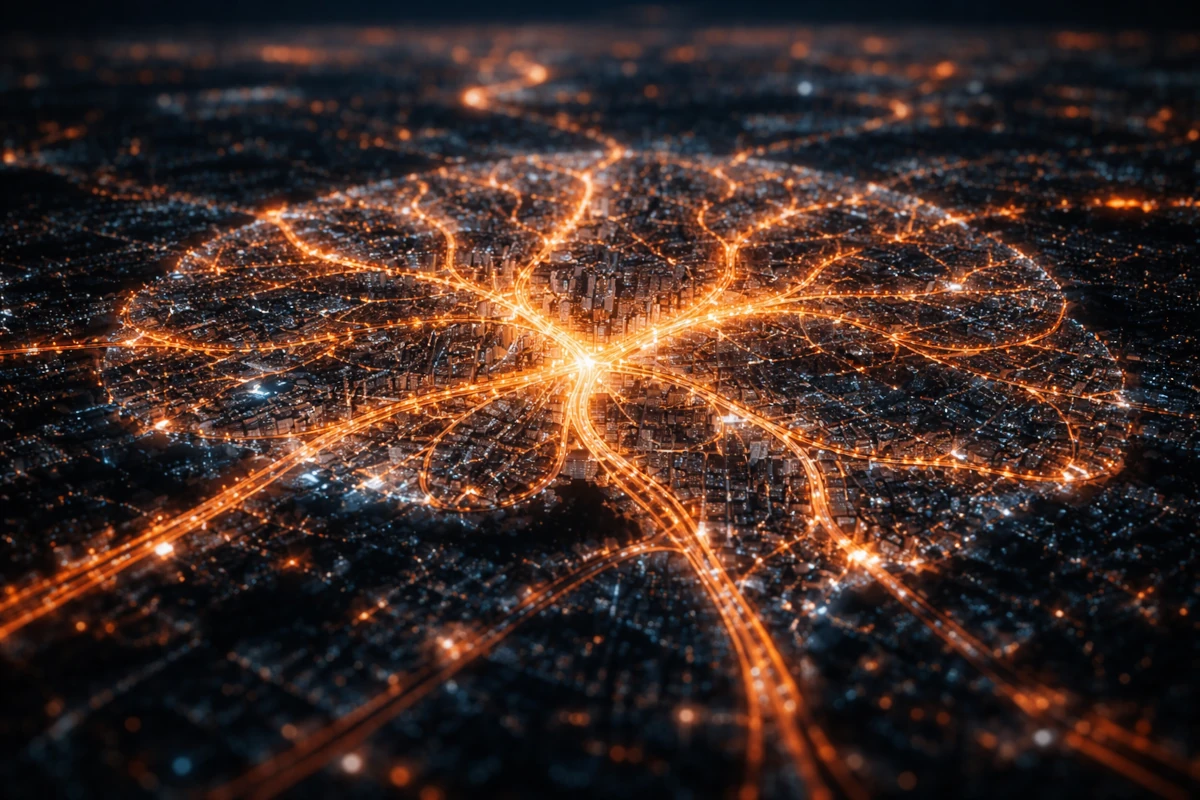 Widok miasta nocą z siecią świetlnych połączeń przypominających rozproszone sieci neuronalne w mózgu
