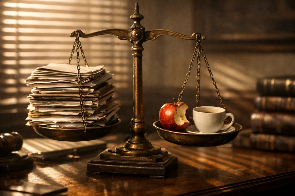 Stara waga szalkowa z dokumentami po jednej stronie i nadgryzionym jabłkiem oraz filiżanką kawy po drugiej – symbol zmęczenia decyzyjnego