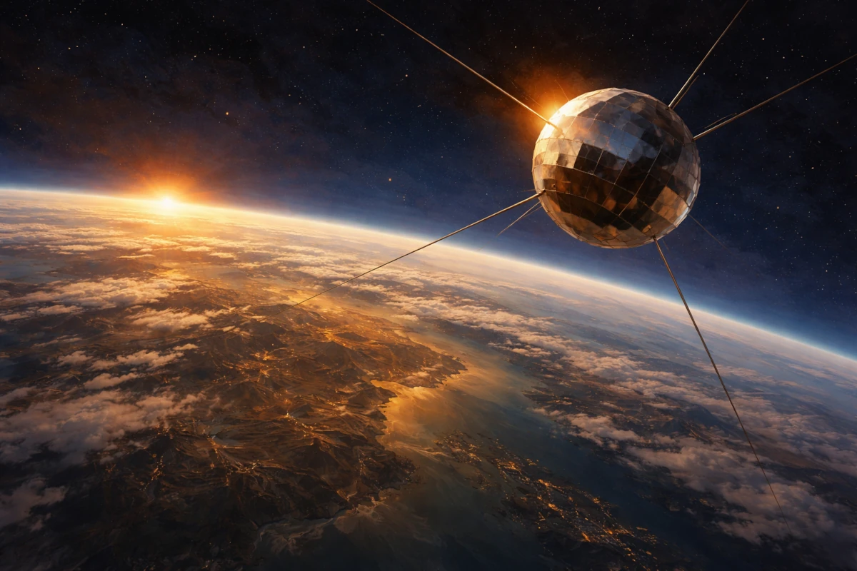 Sonda kosmiczna na orbicie Ziemi, widok planety oświetlonej przez wschodzące Słońce z perspektywy przestrzeni kosmicznej
