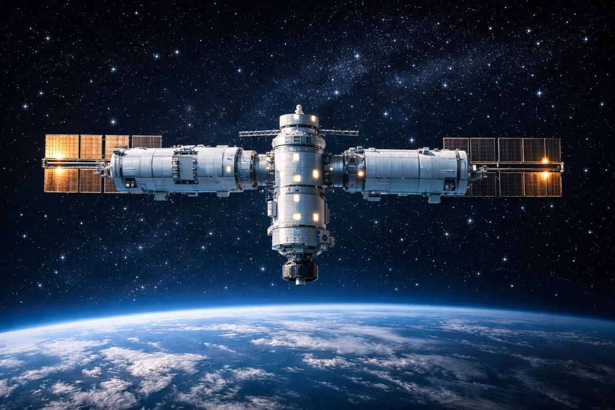 Orbitalna stacja kosmiczna na tle gwiazd i Ziemi widzianej z orbity