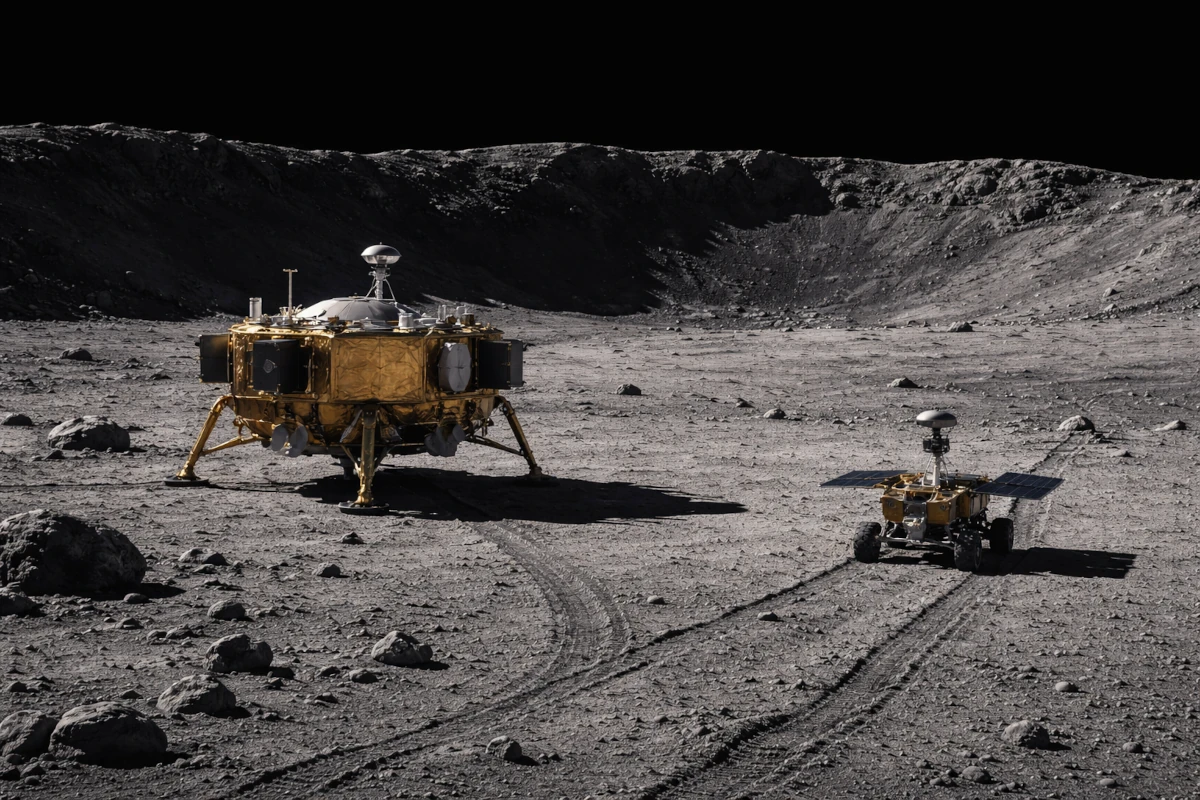 Lądownik i łazik podczas eksploracji powierzchni Księżyca na tle surowego kraterowego krajobrazu