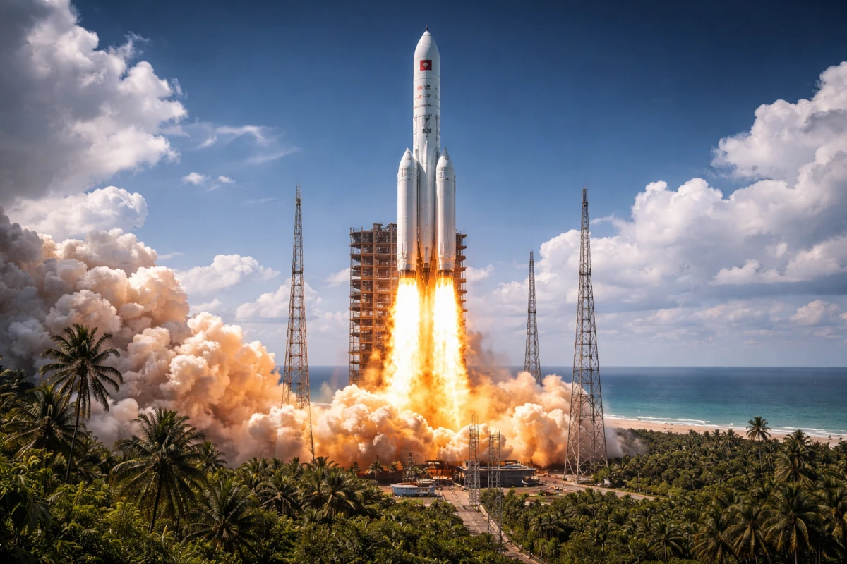 Start chińskiej rakiety Długi Marsz z kosmodromu nad oceanem, potężny słup ognia i dymu pod silnikami