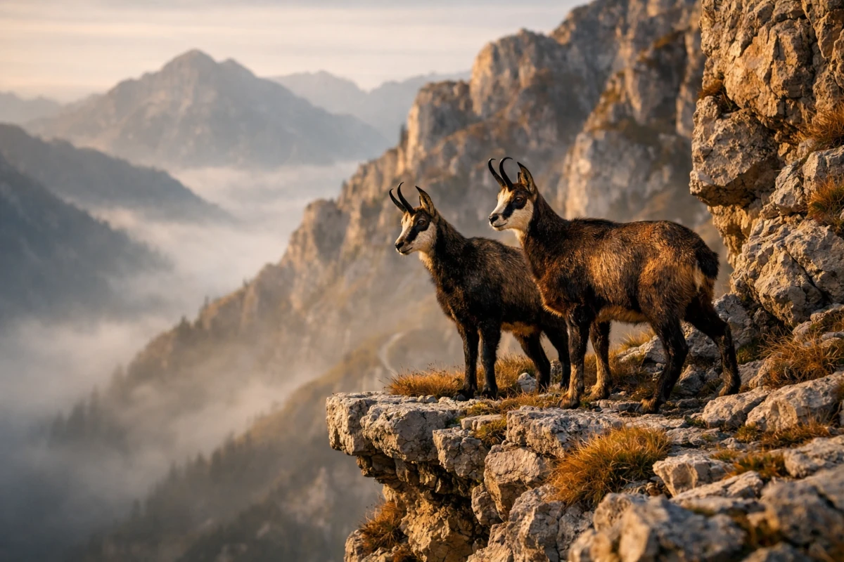 Kozice stojące na skalnej półce w Tatrach, na tle gór i porannej mgły
