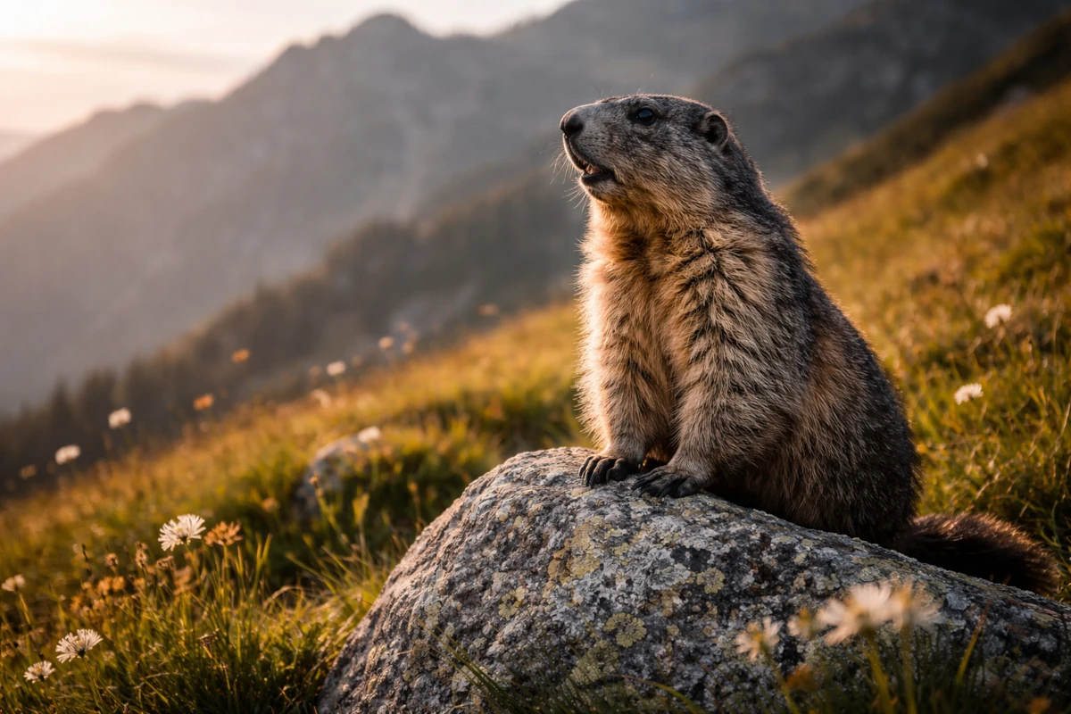 Świstak siedzący na kamieniu w tatrzańskiej dolinie, w świetle zachodzącego słońca