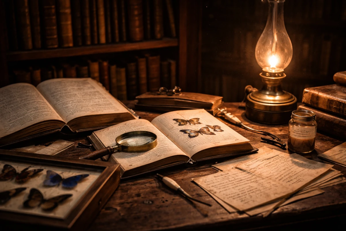 Stare książki przyrodnicze, notatki i lupy na drewnianym biurku w świetle lampy naftowej