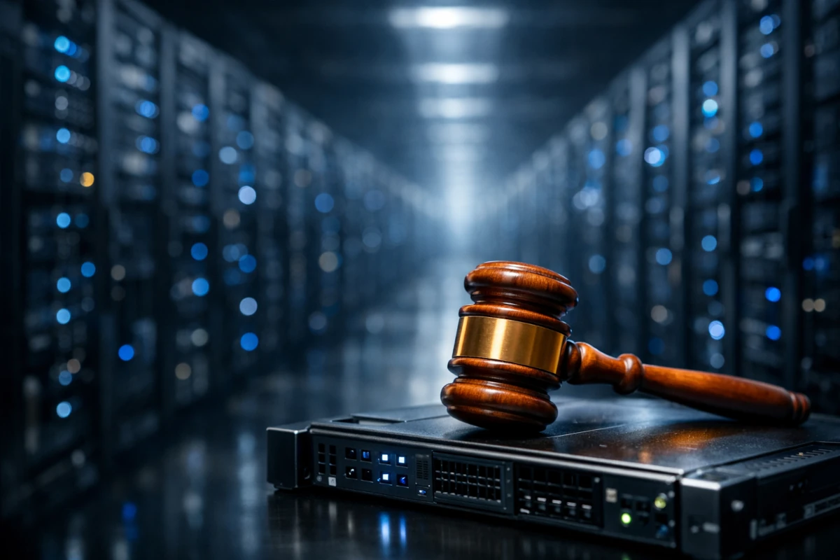 Młotek sędziowski na serwerze w centrum danych – symbol regulacji sztucznej inteligencji i infrastruktury cyfrowej
