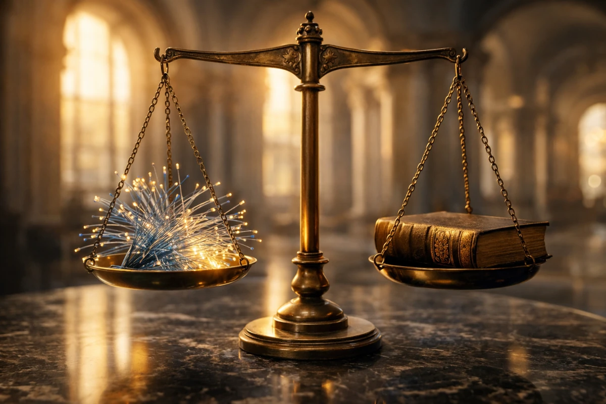 Waga symbolizująca równowagę między sztuczną inteligencją a prawem – technologia i kodeks