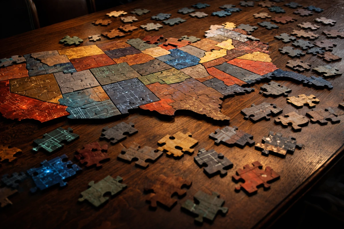 Mapa Stanów Zjednoczonych ułożona z puzzli – symbol fragmentacji regulacyjnej i różnic między stanami