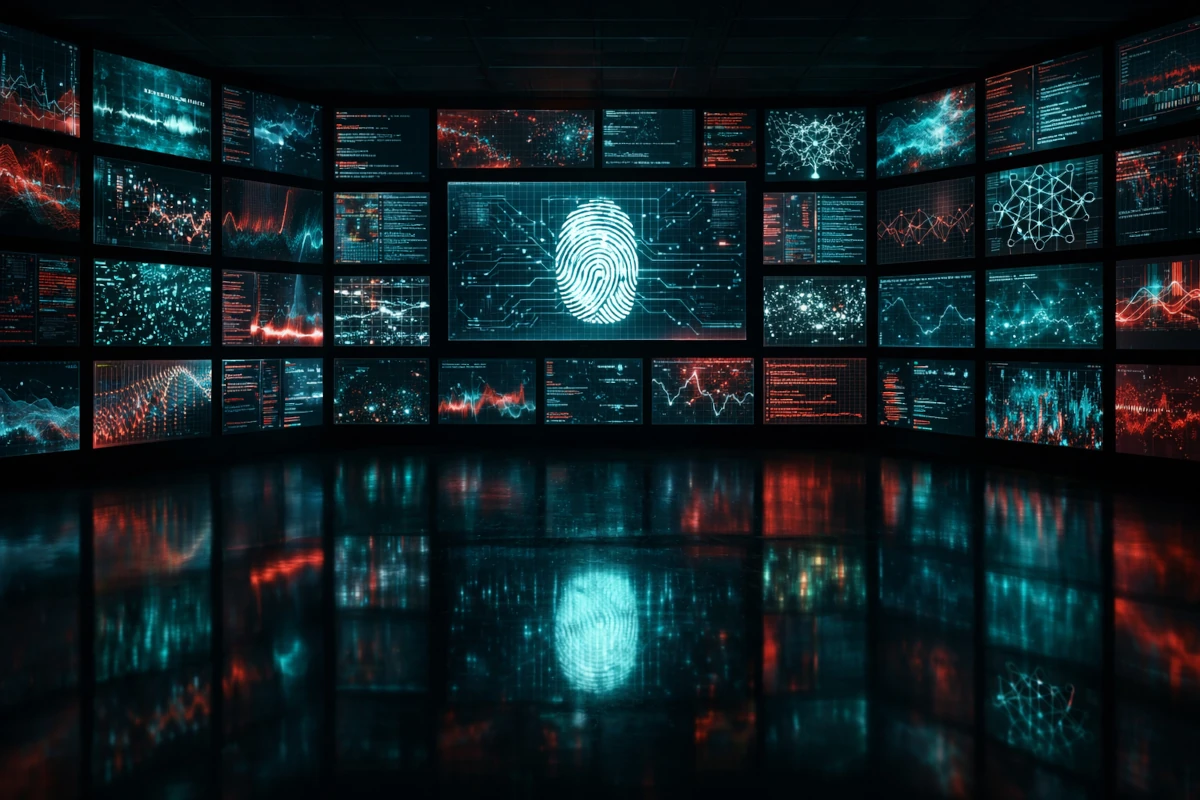 Ściana ekranów z danymi i centralnym odciskiem palca – symbol nadzoru nad algorytmami i systemami AI
