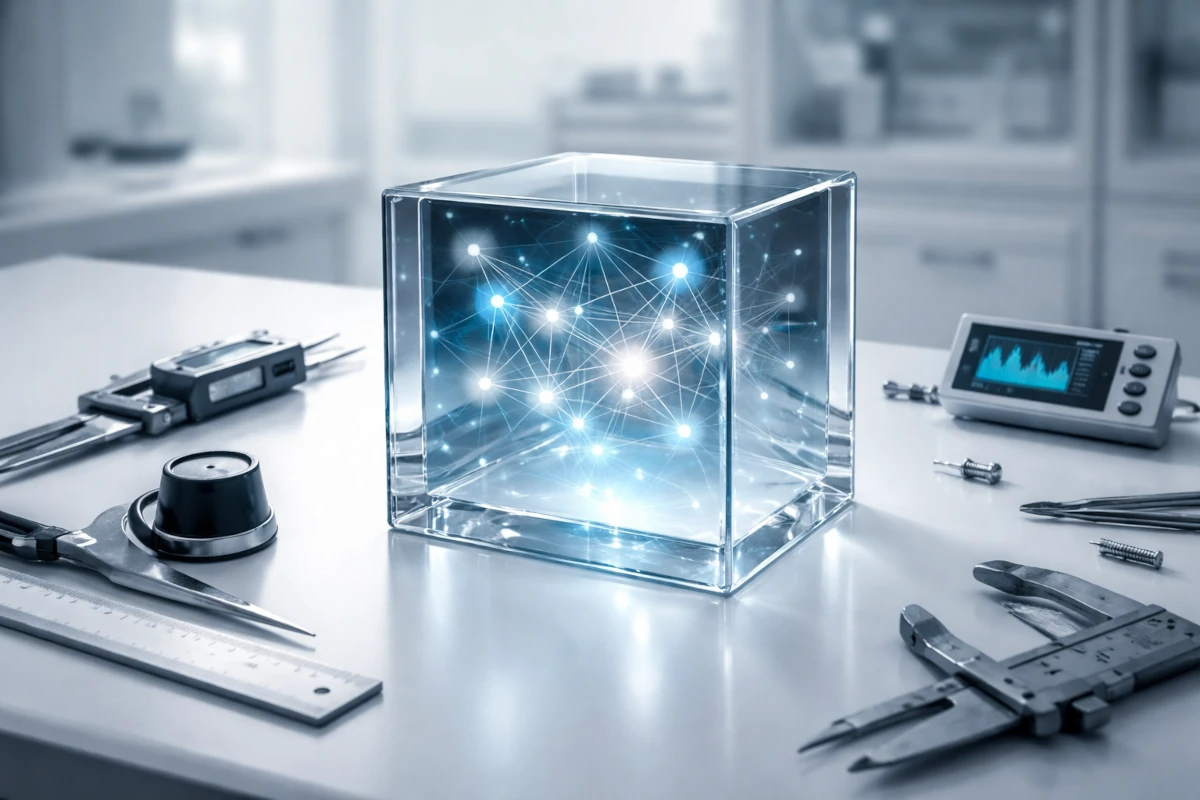Szklany sześcian z siecią neuronową w środku otoczony narzędziami pomiarowymi – symbol kontrolowanego testowania AI